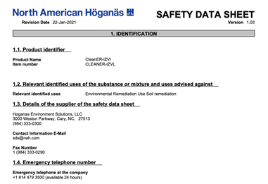 CleanER iZVI Manufacturer Safety Data Sheet