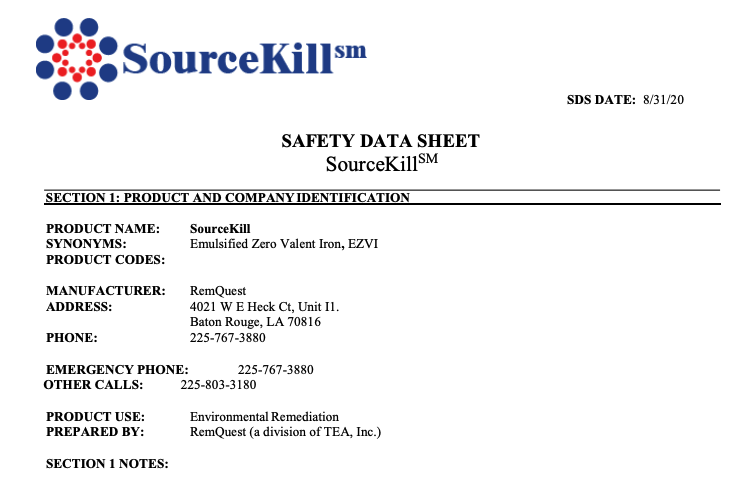 SourceKill Manufacturer Safety Data Sheet